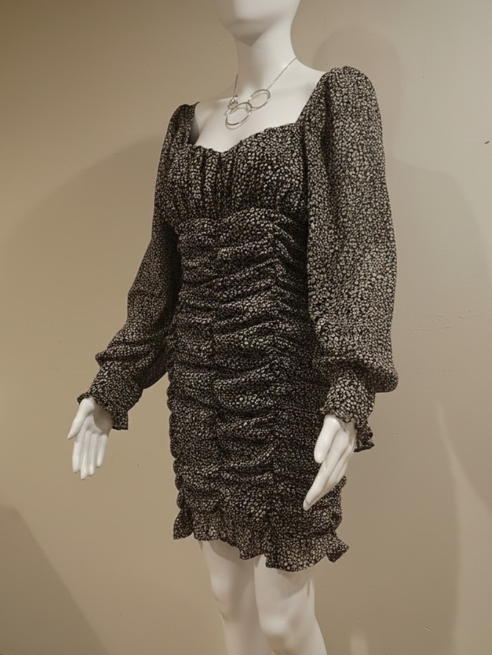 HYFVE Black & White Ruched Puff-Sleeve Midi Dress
